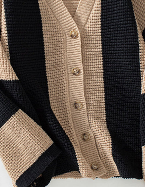 Load image into Gallery viewer, Waffle-Knit V-Neck Striped Long Sleeve Cardigan
