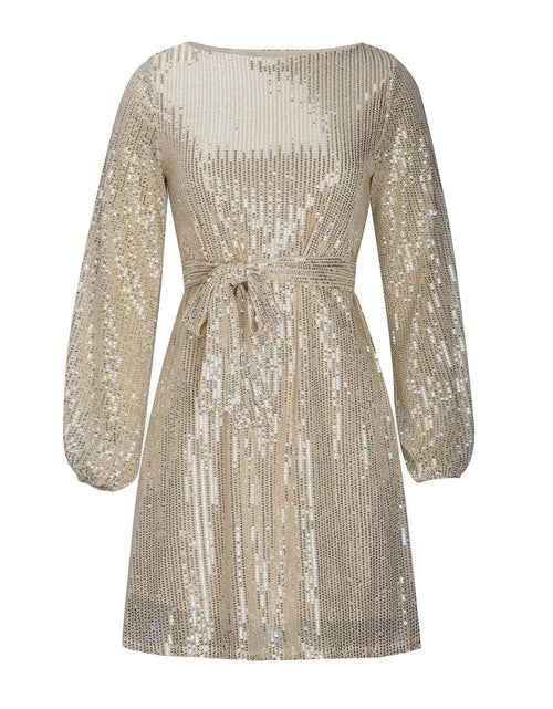 Load image into Gallery viewer, Sequin Tie Waist Long Sleeve Mini Dress
