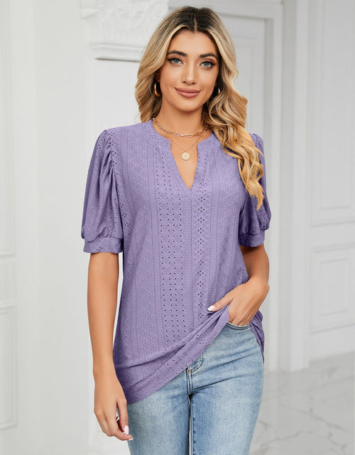 Load image into Gallery viewer, Florira Eyelet Notched Short Sleeve T-Shirt
