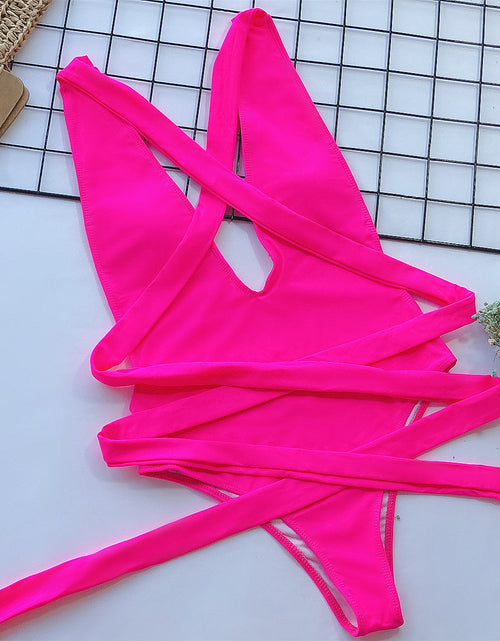 Load image into Gallery viewer, Halter Neck Deep V Tied One-Piece Swimsuit
