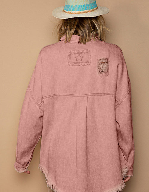 Load image into Gallery viewer, POL Button Down Raw Hem Distressed Shacket
