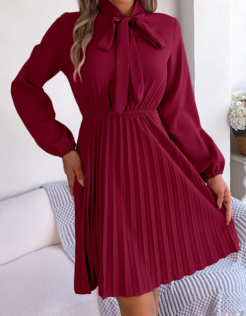 Load image into Gallery viewer, Tie Neck Balloon Sleeve Pleated Dress
