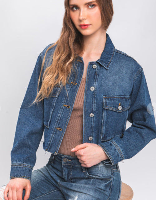 Load image into Gallery viewer, Love Tree Raw Hem Button Up Cropped Denim Jacket
