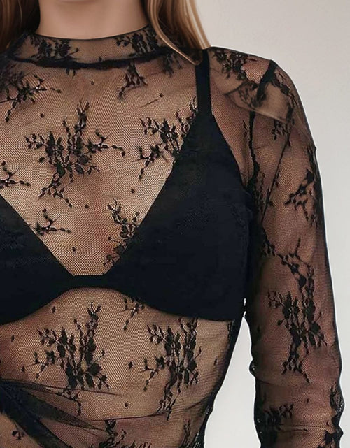 Load image into Gallery viewer, Floral Mock Neck Long Sleeve Mesh Top

