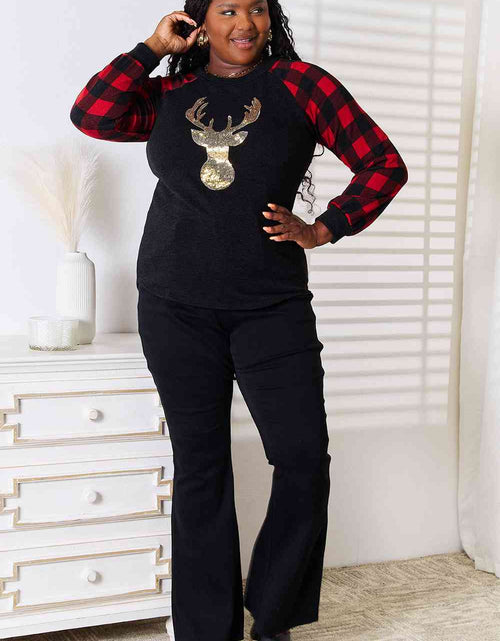 Load image into Gallery viewer, Heimish Full Size Sequin Reindeer Graphic Plaid Top
