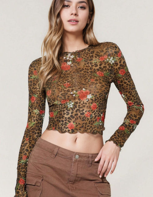 Load image into Gallery viewer, Leopard Floral Round Neck Long Sleeve Mesh T-Shirt
