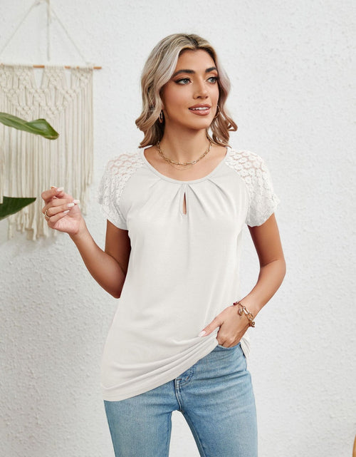 Load image into Gallery viewer, Lace Detail Round Neck Short Sleeve T-Shirt
