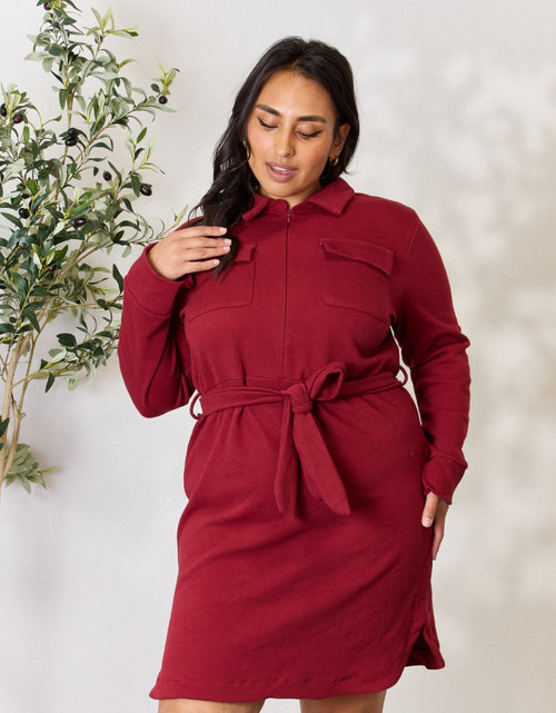 Load image into Gallery viewer, Culture Code Full Size Tie Front Half Zip Long Sleeve Shirt Dress

