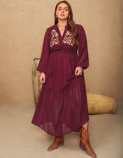 Load image into Gallery viewer, Plus Size Embroidered Polka Dot Tie Neck Long Sleeve Midi Dress
