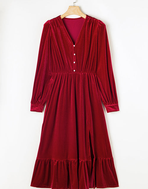 Load image into Gallery viewer, Olivia Velvet Buttoned Puff Sleeve V Neck Split Midi Dress by Poppy Lee Lane

