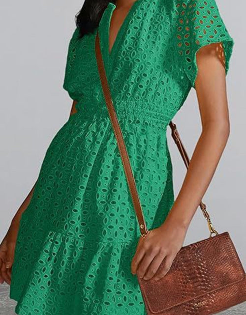 Load image into Gallery viewer, Eyelet Notched Short Sleeve Mini Dress
