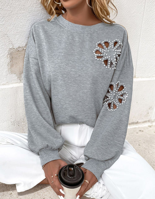 Load image into Gallery viewer, Perfee Cutout Pearl Round Neck Long Sleeve Sweatshirt
