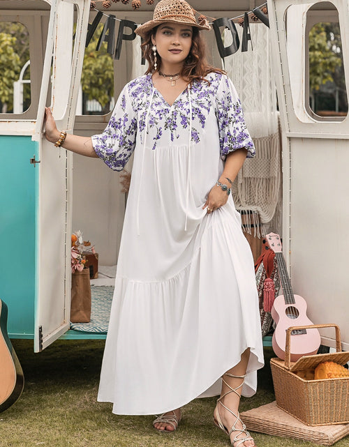 Load image into Gallery viewer, Plus Size Printed Tie Neck Half Sleeve Maxi Dress
