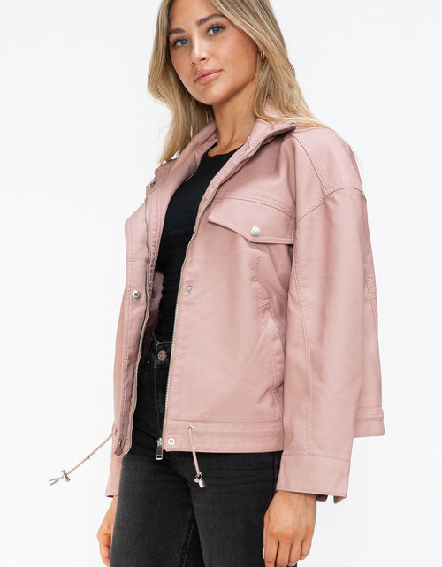 Load image into Gallery viewer, How Dare U Drawstring Hem PU Leather Zip Up Jacket
