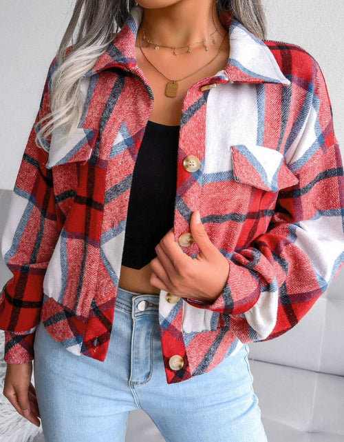 Load image into Gallery viewer, Plaid Collared Neck Drop Shoulder Jacket
