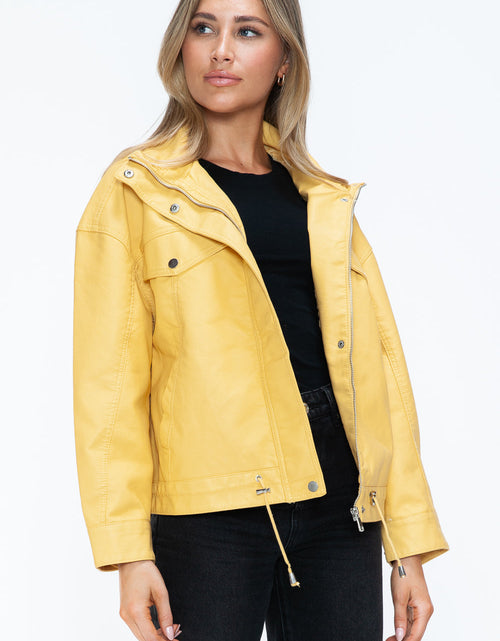 Load image into Gallery viewer, How Dare U Drawstring Hem PU Leather Zip Up Jacket
