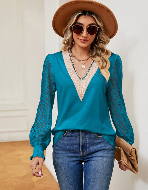 Load image into Gallery viewer, Contrast V-Neck Long Sleeve Blouse
