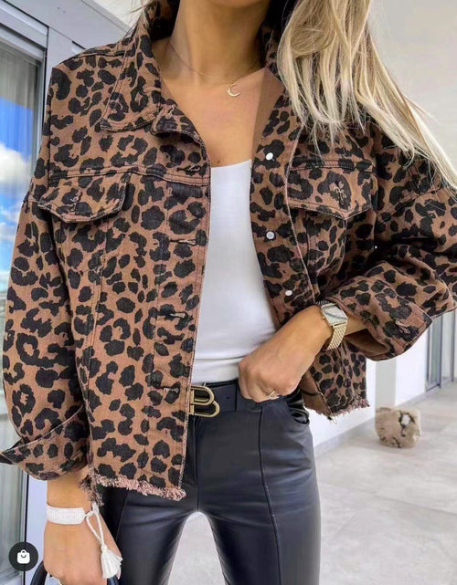 Load image into Gallery viewer, Leopard Raw Hem Denim Jacket

