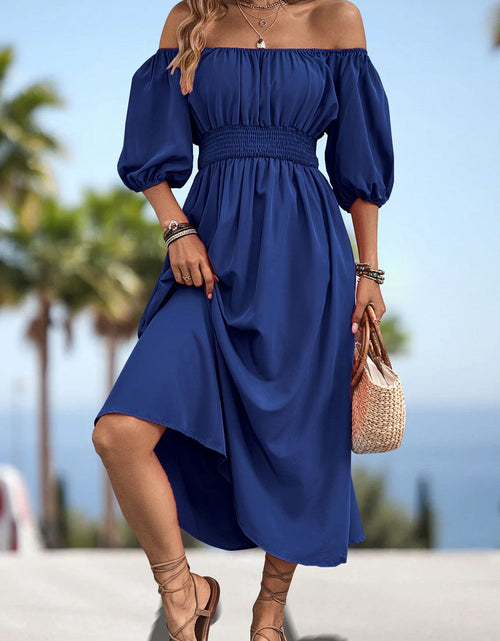 Load image into Gallery viewer, Square Neck Smocked Waist Puff Sleeve Midi Dress
