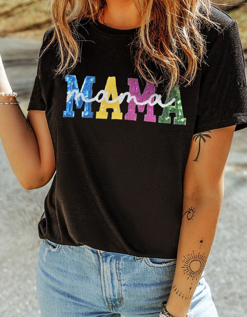 Load image into Gallery viewer, Sequin MAMA Round Neck Short Sleeve T-Shirt
