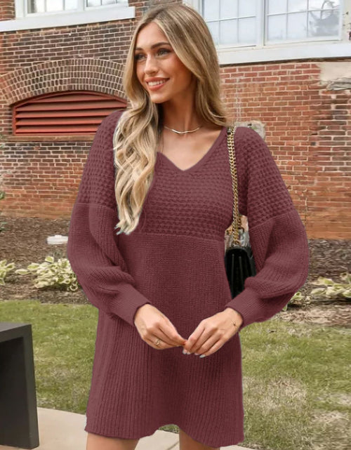 Load image into Gallery viewer, Perfee V-Neck Long Sleeve Sweater Dress
