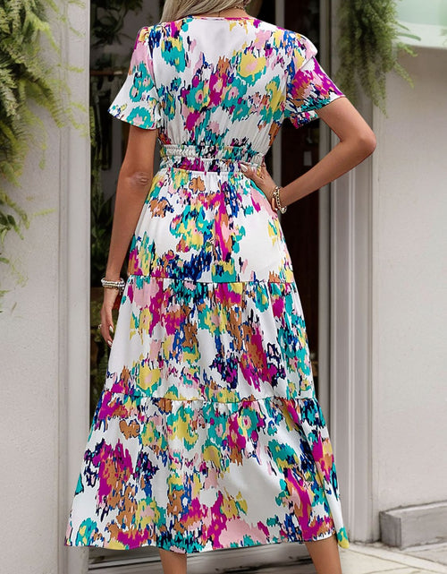 Load image into Gallery viewer, Perfee Printed Notched Short Sleeve Midi Dress
