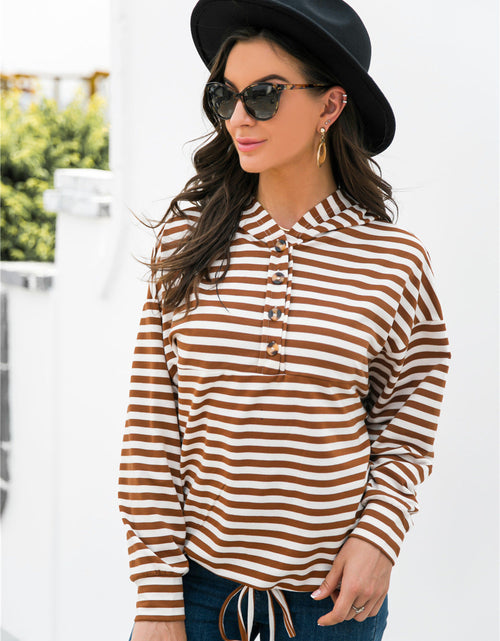 Load image into Gallery viewer, Striped Half-Button Dropped Shoulder Hoodie
