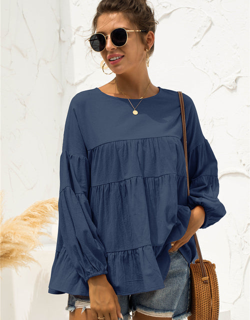Load image into Gallery viewer, Round Neck Bubble Sleeve Tiered Blouse
