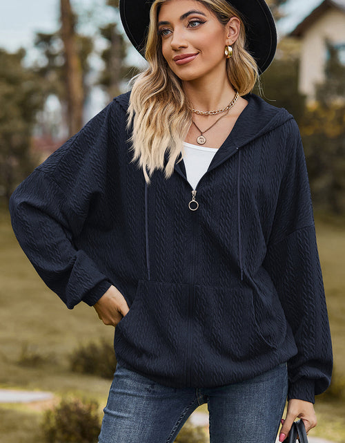 Load image into Gallery viewer, Drawstring Zip Up Dropped Shoulder Hoodie
