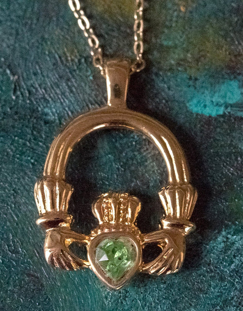 Load image into Gallery viewer, Vintage Claddagh Necklace Austrian Heart Crystal 18k Yellow Gold Electroplated Made in the USA by PVD Vintage Jewelry

