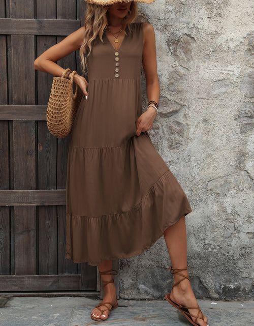 Load image into Gallery viewer, Ivy Lane Decorative Button Notched Sleeveless Dress
