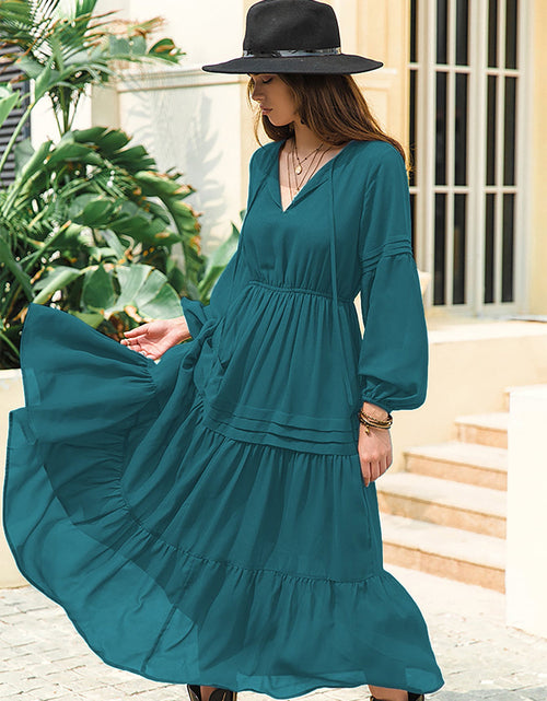 Load image into Gallery viewer, Tie Neck Long Sleeve Midi Tiered Dress
