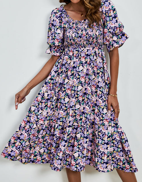Load image into Gallery viewer, Smocked Floral Square Neck Short Sleeve Dress
