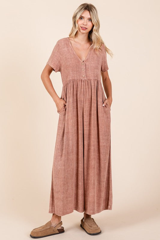 Mittoshop Mineral Wash Short Sleeve Flowy Wide Leg Jumpsuit