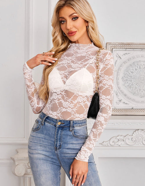 Load image into Gallery viewer, Mock Neck Long Sleeve Lace Sheer Top

