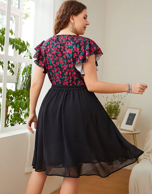 Load image into Gallery viewer, Honey Plus Size Floral Surplice Neck Flutter Sleeve Dress
