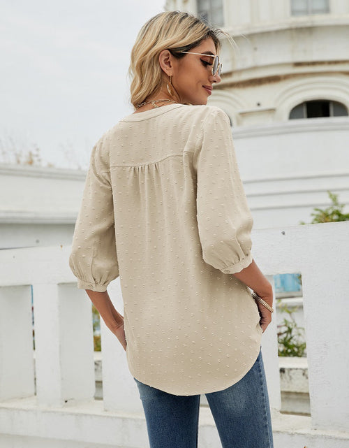 Load image into Gallery viewer, Swiss Dot Notched Neck Three-Quarter Sleeve Blouse
