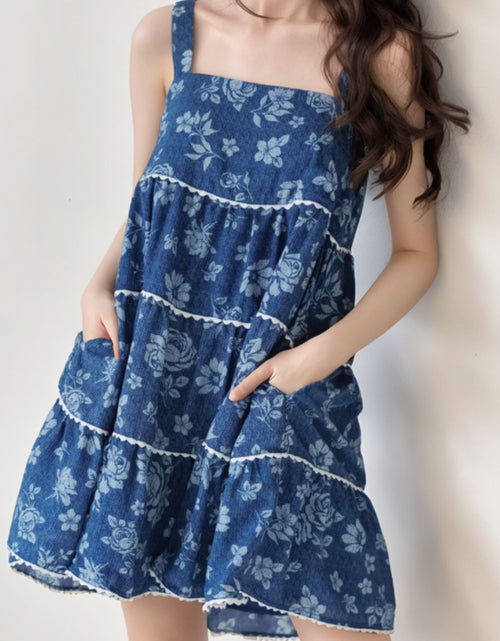 Load image into Gallery viewer, Floral Tiered Square Neck Denim Dress
