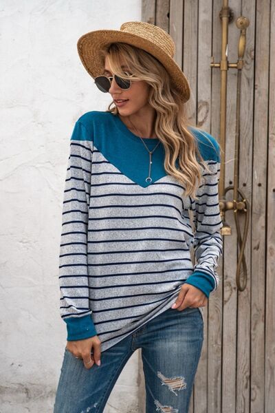 Load image into Gallery viewer, Striped Round Neck Long Sleeve T-Shirt
