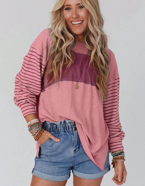 Load image into Gallery viewer, Round Neck Striped Long Sleeve Slit T-Shirt
