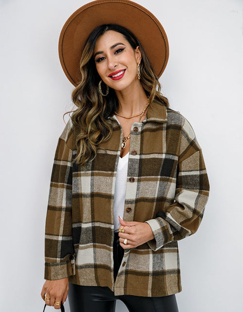 Load image into Gallery viewer, Shiny Plaid Button Up Collared Neck Jacket
