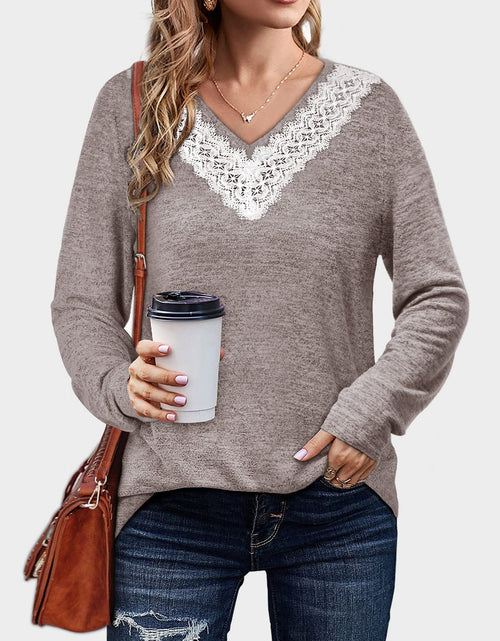 Load image into Gallery viewer, Lace Detail V-Neck Long Sleeve T-Shirt
