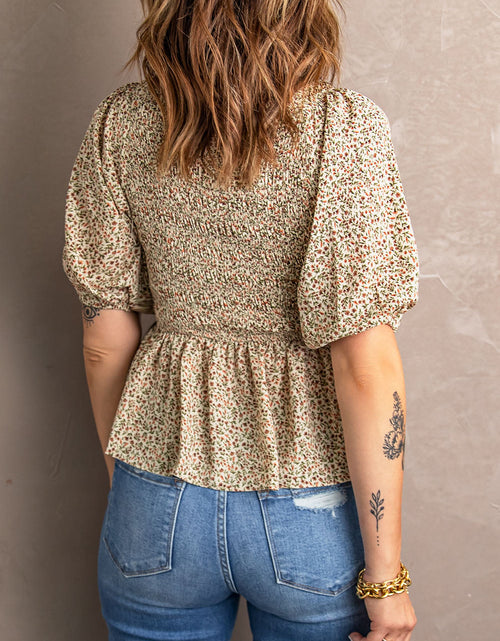 Load image into Gallery viewer, Smocked Balloon Sleeve Peplum Blouse
