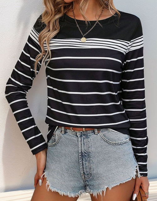Load image into Gallery viewer, Perfee Striped Round Neck Long Sleeve T-Shirt
