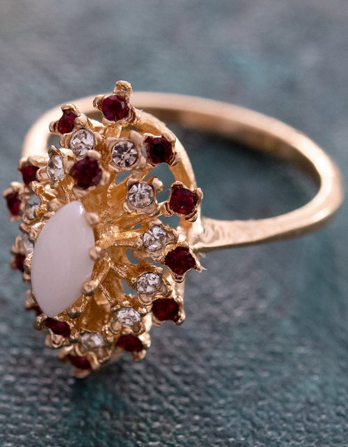 Load image into Gallery viewer, Vintage Ring Genuine Opal with Clear and Ruby Austrian Crystals 18kt Yellow Gold Electroplated by PVD Vintage Jewelry
