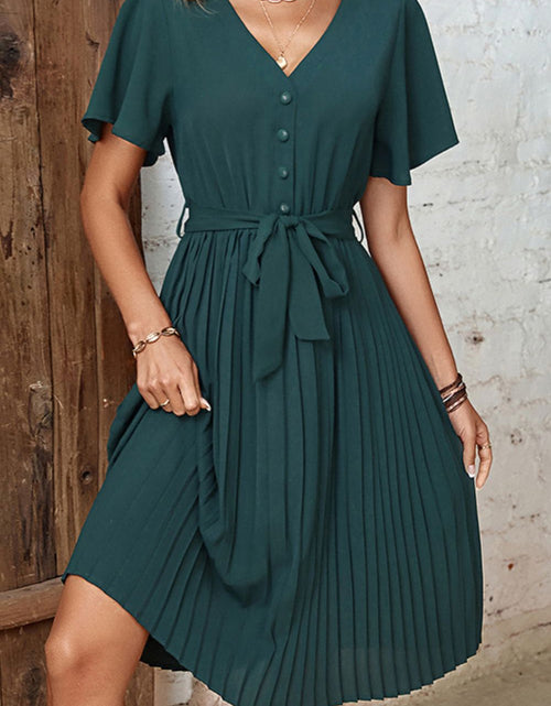 Load image into Gallery viewer, Perfee Buttoned V-Neck Flutter Sleeve Pleated Dress
