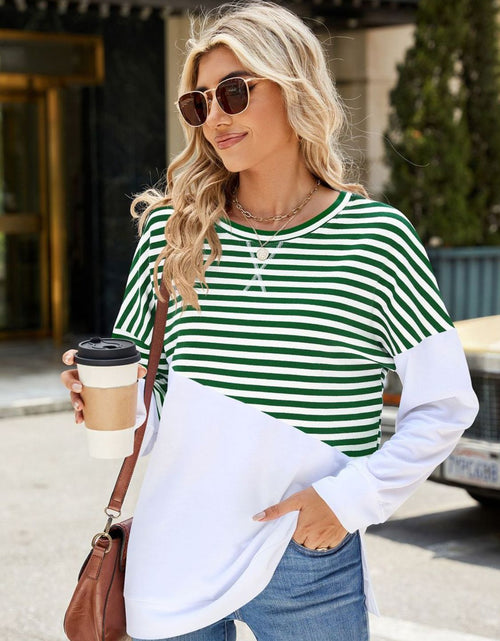 Load image into Gallery viewer, Slit Contrast Striped Long Sleeve Sweatshirt
