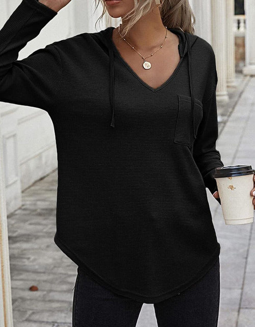 Load image into Gallery viewer, Drawstring Waffle Knit Long Sleeve Hooded Top
