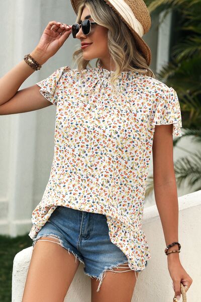 Load image into Gallery viewer, Ditsy Floral Mock Neck Short Sleeve T-Shirt

