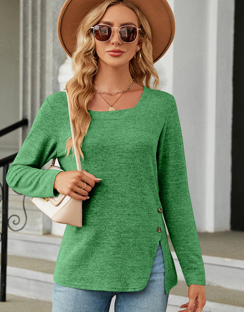 Load image into Gallery viewer, Slit Decorative Button Square Neck T-Shirt

